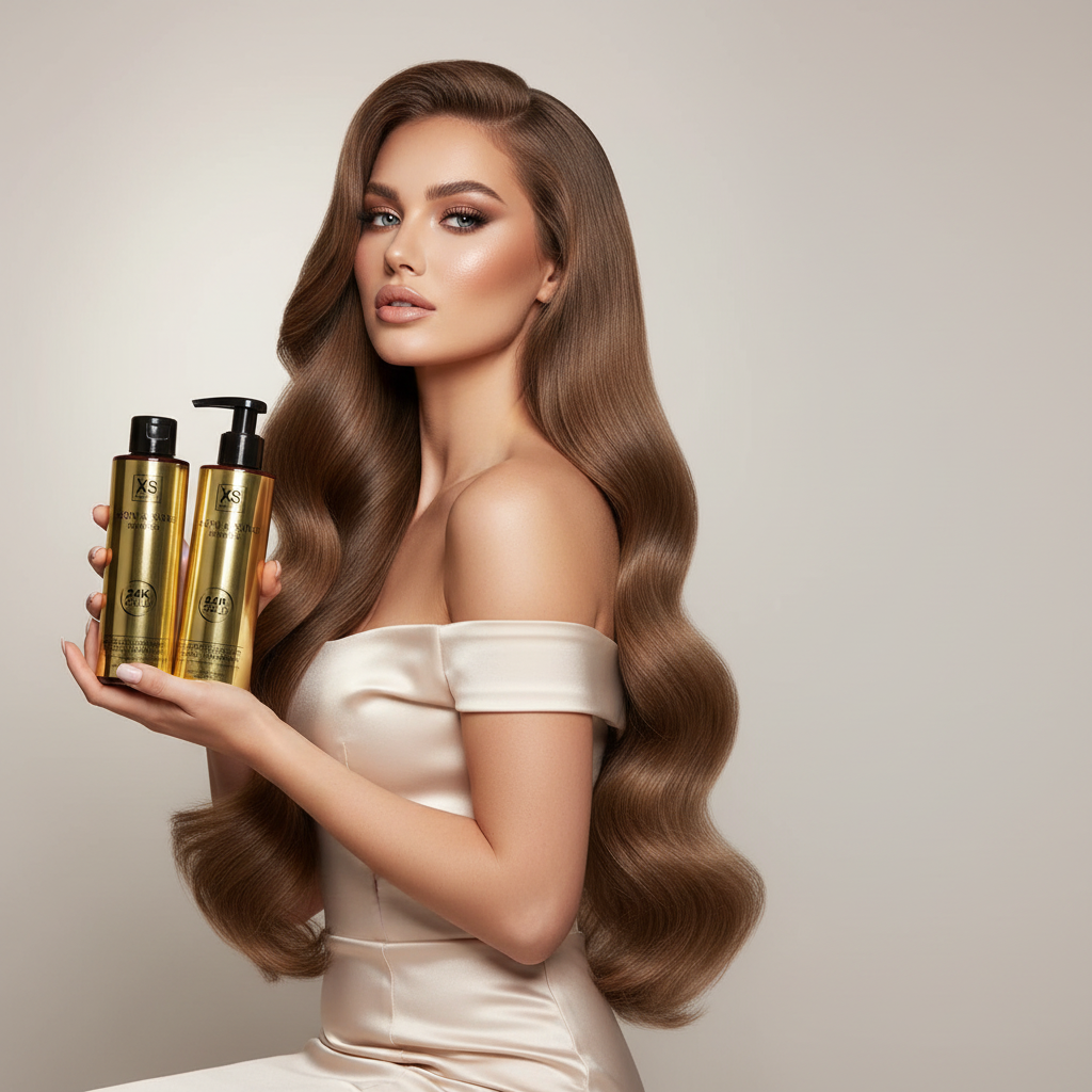 Influencer with extra long hair and XS Beauty products