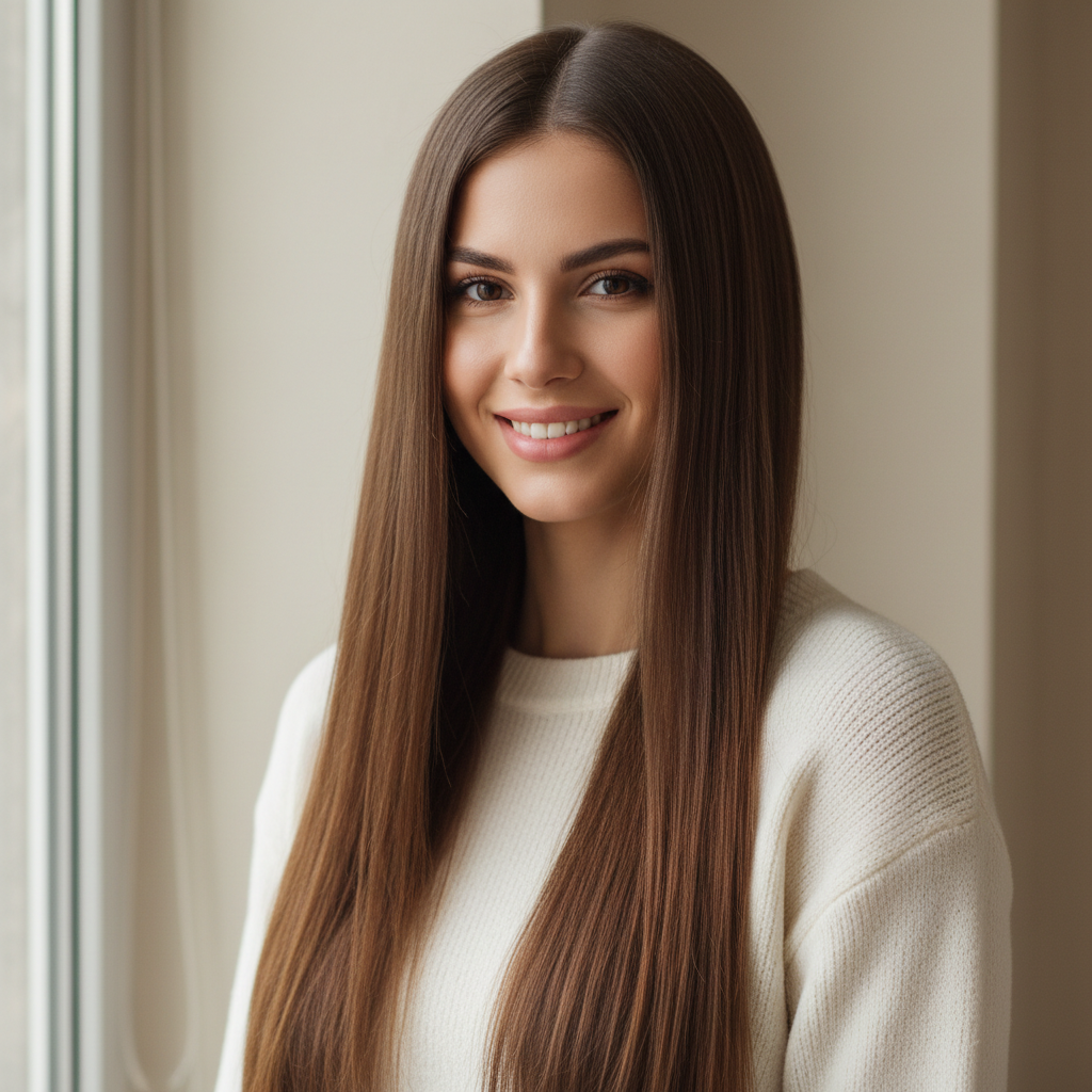 Young woman with long straight hair testimonial
